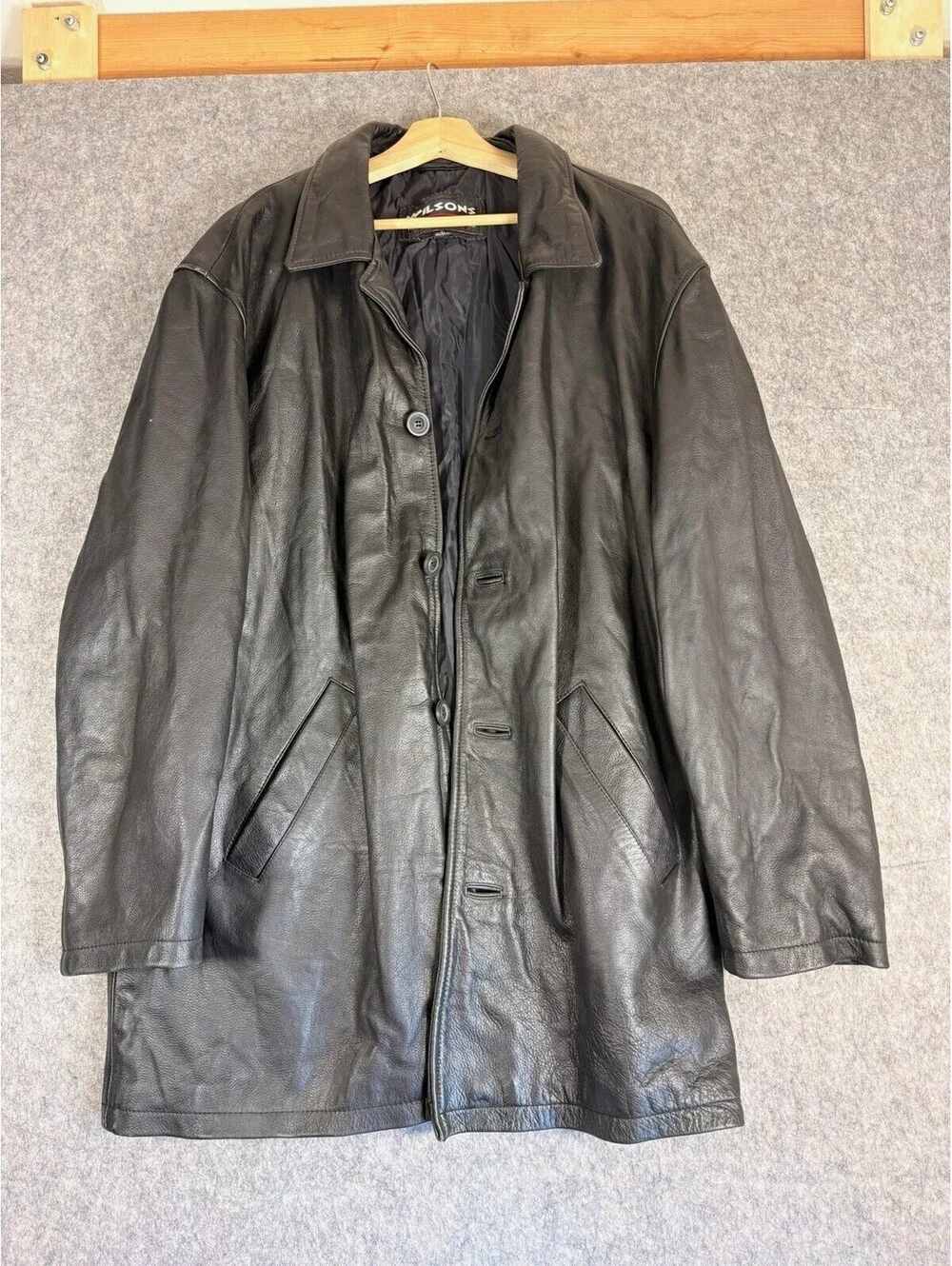 Wilsons Black Leather Long Overcoat Size L Lined Stand-Up Collar Button Zip